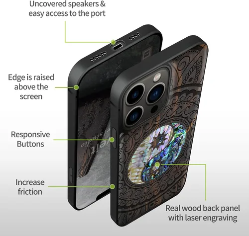 Vista 6 de Carveit Funda protectora de madera de diseñador para iPhone 13 Pro, grabado de madera e incrustaciones de concha, compatible con 13 Pro MagSafe