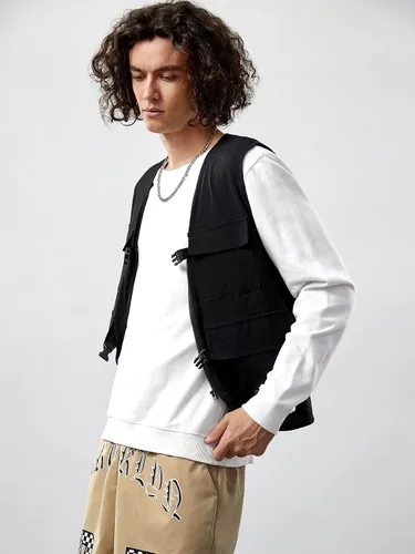 Vista 4 de Verdusa Chaleco tipo cargo steampunk sin mangas con hebilla con cremallera y bolsillo con solapa para hombre