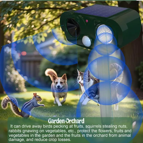 Vista 2 de Repelente ultrasónico para gatos para exteriores, repelente de mapache para gatos, disuasorio ultrasónico, protección de 360° para tu hogar, jardín