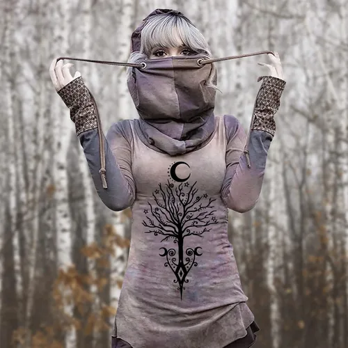 Vista 2 de Lovor Sudadera gótica con capucha de Navidad para mujer, talla extragrande, con cordón, cuello vuelto, estampado de sol, luna, camiseta ajustada
