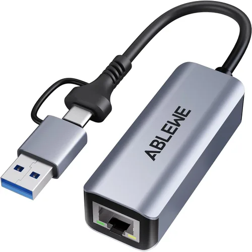 Vista 8 de Adaptador USB C a Ethernet, ABLEWE Type-C a RJ45 Gigabit Ethernet, adaptador de red LAN Thunderbolt 3 a RJ45 compatible con MacBook Pro/Air, iPhone