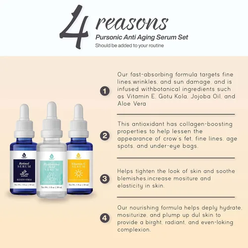 Vista 3 de PURSONIC Juego de 3 sueros antienvejecimiento para el cuidado de la piel, suero de ácido hialurónico, suero de retinol y suero facial de vitamina C