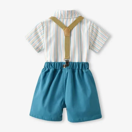 Vista 4 de Conjunto de traje de caballero de manga corta para bebé niño con corbatín + pantalones cortos con tirantes y pantalones cortos para bautizo festivo