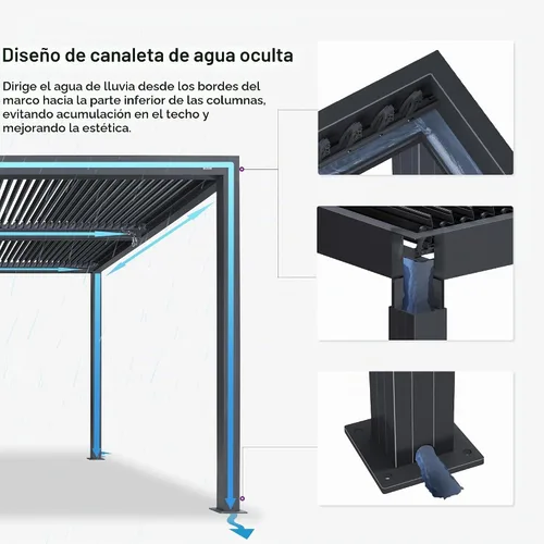 Vista 3 de PURPLE LEAF - Pérgola con listones de 10 x 12 pies, sistema de drenaje 94AS para patio, color gris Premium All-Aluminum Rustproof Build, Modern
