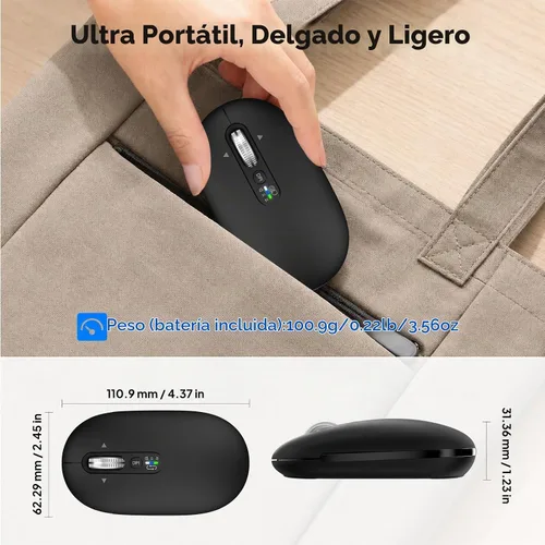 Vista 9 de Ratón Bluetooth inalámbrico, USB + BT × 2, Slim Pebble Multi Device Small Travel Ratones de viaje, Metal 4 Way Super Scrolling, ± 3000 DPI, 8