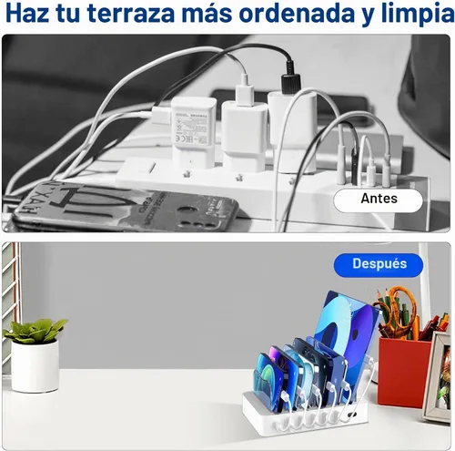 Vista 5 de Estación de carga para múltiples dispositivos, 68 W, 6 puertos, 20 W, cargador rápido de teléfono con 6 cables, compatible con Apple celular, iPad