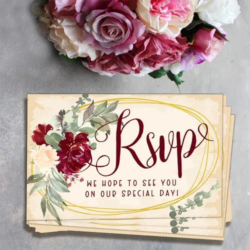 Vista 3 de Tarjetas postales RSVP - Invitaciones y sobres con tema de rosas burdeos para boda - Kit de invitación de boda minimalista, tarjetas RSVP en blanco