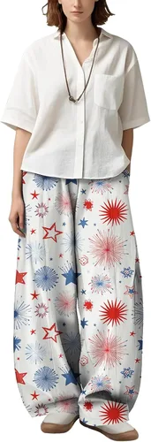 Vista 17 de Womens Wide Leg Firework Pattern Pants High Waist Cotton Blend Lantern Trousers Casual Summer Loungewear