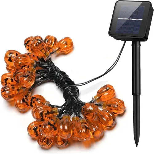 Vista 10 de YBB Tira de luces solares de calabaza, impermeable, decoración de Navidad, 20 luces LED parpadeante/modos de encendido constante, linterna
