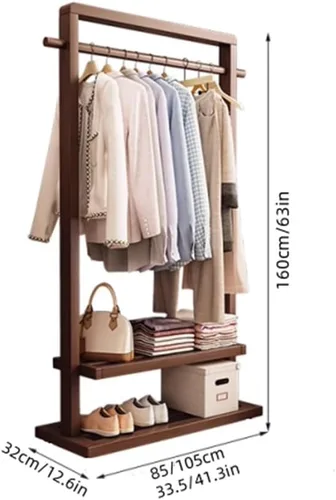 Vista 2 de Perchero de bambú para colgar ropa, perchero independiente con estantes dobles, organizador de ropa de pie para dormitorio o armario