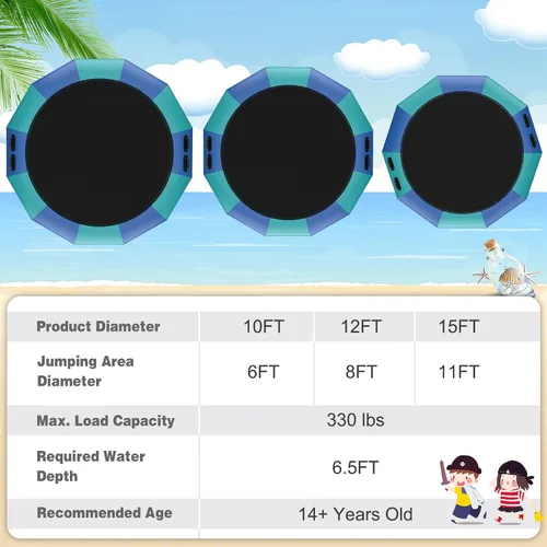 Vista 8 de Giantex Trampolín acuático inflable de 10 pies, 12 pies y 15 pies, trampolín flotante con soplador de 500 W y escalera de cuerda de 3 escalones