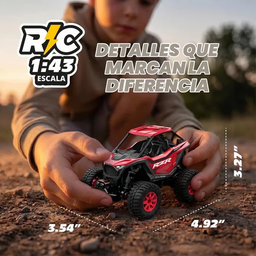 Vista 2 de Carro a Control Remoto/UTV, 2WD Introducción a Hobby RC Polaris RZR - Escala 1:43, 2.4GHz - Rojo - Control Remoto con Función de Gatillo, Caja