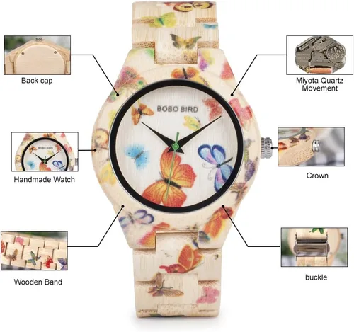 Vista 6 de BOBO BIRD Reloj de bambú para mujer, diseño de mariposa, hecho a mano, hecho a mano