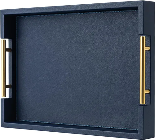Vista 10 de Bandeja de servicio de piel sintética beige con asas, bandeja decorativa grande para mesa de café, otomana, sala de estar, baño, decoración del hogar