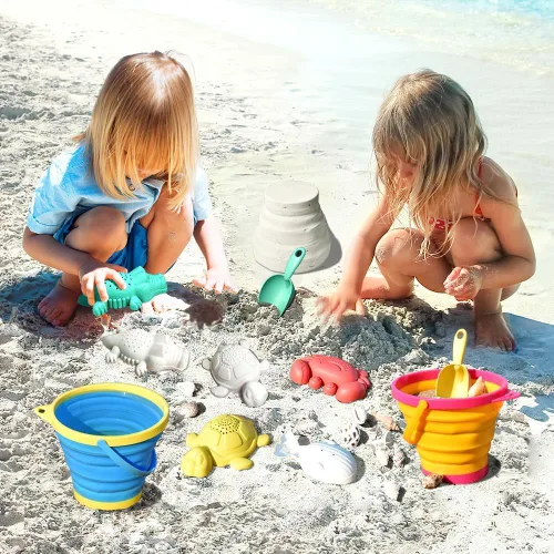 Vista 5 de Juguetes de playa plegables para niños y bebés, juego de cubos de arena y palas plegables con bolsas de malla y moldes de arena, juguetes de arena