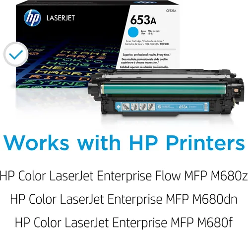 Vista 2 de HP Cartucho de tóner cian 653A Funciona Color LaserJet Enterprise MFP M680 Series CF321A