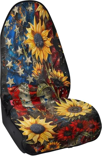 Vista 2 de Fundas de Asiento de Coche con Diseño de Sudadera de Girasol y Bandera Estadounidense para Coche, Camión, SUVs, Protector de Asiento Impermeable