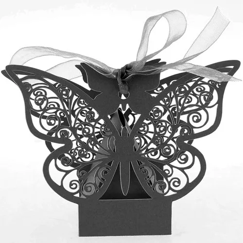 Vista 6 de Auto-plaza 50 cajas de regalo de mariposa cortadas con láser, cajas de dulces con cintas (beige)
