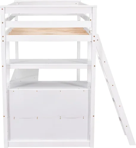 Vista 7 de Merax Cama tipo loft de madera de tamaño individual con escritorio en forma de L, 2 cajones integrados/2 estantes, cama tipo loft multifuncional