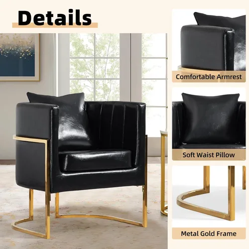 Vista 4 de Silla moderna de cuero, sillón tapizado de mediados de siglo con almohada para sala de estar, cómoda silla de tocador individual con patas doradas