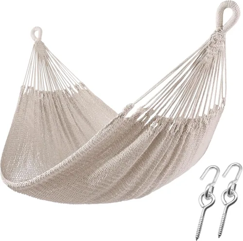 Vista 7 de ZEAN Hamaca tejida a mano con borlas de cuerda de algodón gruesa XL Hamaca para dos personas para patio exterior, jardín, playa, capacidad de 550