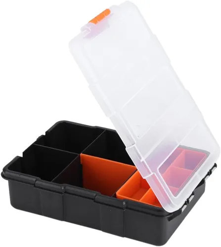 Vista 2 de Caja de almacenamiento de PP resistente con 11 compartimentos ranuras, estuche de almacenamiento de dos capas para tornillos, tuercas y pernos