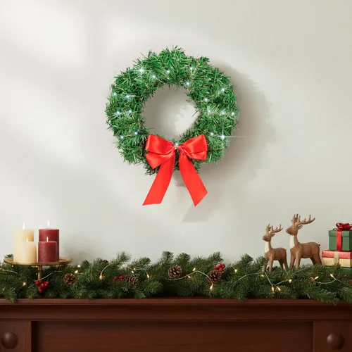 Vista 5 de Carbella Corona de Navidad para automóvil, camión, SUV, camioneta, luz LED con decoración de lazo rojo, soporte de adorno de Navidad de pino