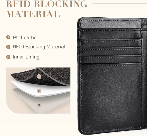 Vista 4 de Missnine Billetera pequeña para mujer RFID compacta cartera de cuero vegano plegable para mujer con tarjetero y monedero, Negro (Solid-Black)