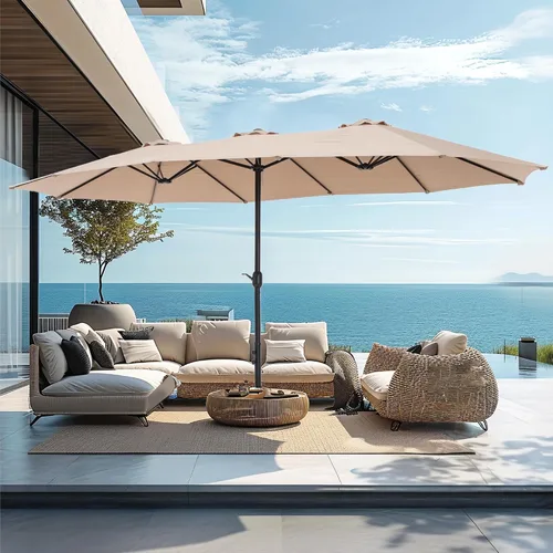 Vista 8 de PHI VILLA Sombrilla grande de 15 pies para patio con base incluida, sombrilla de doble cara rectangular para exteriores de gran tamaño con soporte