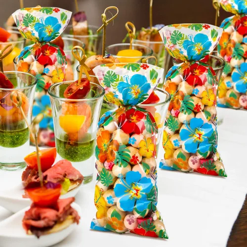Vista 6 de 100 bolsas hawaianas de celofán Luau tropical, Aloha Hibiscus, bolsas de golosinas, suministros para fiestas Tiki, decoraciones Luau con 100 lazos