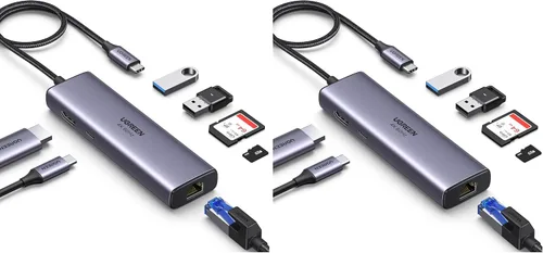 Vista 9 de UGREEN Revodok - Hub USB C 7 en 1 con adaptador Gigabit Ethernet, HDMI 4K@60Hz, carga PD de 100W, puertos de datos USB A, lector de tarjetas SD/TF