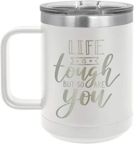 Vista 17 de LIFE IS TOUGH BUT SO ARE YOU Negro Taza de café de 15 oz con tapa deslizante Taza de café de viaje aislada Ideas de regalos de cumpleaños