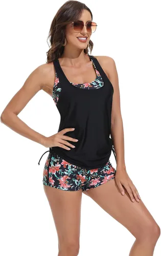 Vista 4 de LIUMILAC Traje de baño tankini para mujer con estampado de rayas y espalda en T de 2 piezas