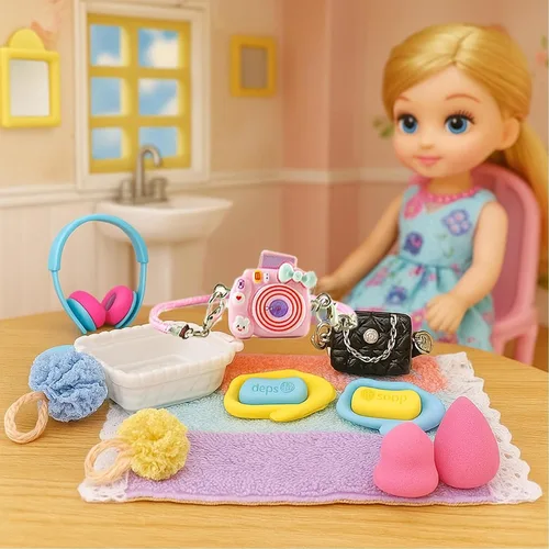 Vista 8 de Juego de 116 piezas de accesorios para casa de muñecas, herramientas de maquillaje, artículos de tocador de baño, bolso para bricolaje, micro