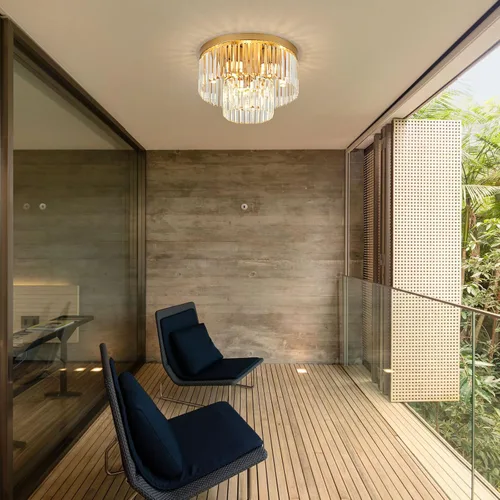 Vista 8 de Lámpara de Techo de Cristal Dorado de 17", 9 Luces, Accesorio de Iluminación de Cristal Moderno de 2 Niveles, Lámpara de Techo de Cristal K9 de Oro
