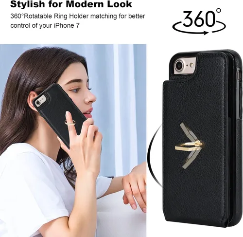 Vista 3 de Folosu Funda tipo cartera para iPhone SE con soporte para tarjetas, soporte de anillo de rotación de 360 grados, función de protección RFID, de piel