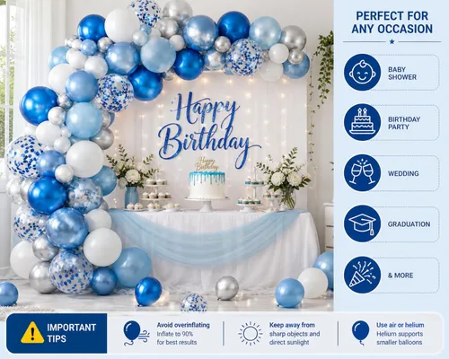 Vista 3 de Kit de guirnalda de globos azules y blancos plateados, 60 globos de látex de confeti azul cromado, blanco y plateado de 12 pulgadas para baby