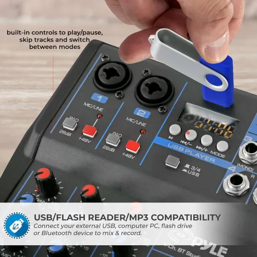 Vista 6 de Pyle Mezclador de audio profesional Placa de sonido Interfaz de sistema de consola de 4 canales USB digital Bluetooth MP3 Entrada de computadora 48V