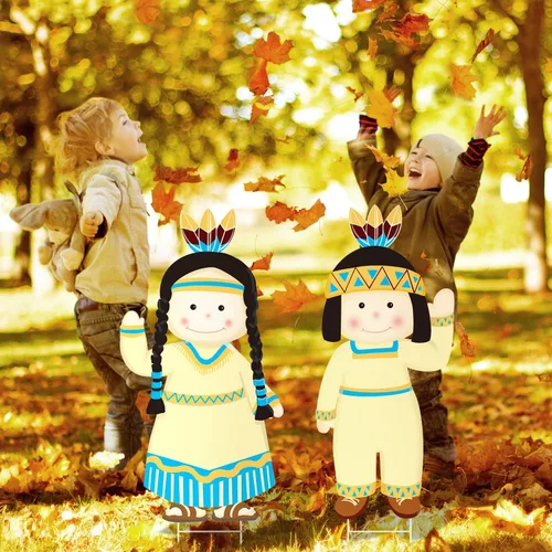 Vista 7 de Letreros de Acción de Gracias para patio de niños y niñas nativos americanos, estacas de césped para otoño, resistentes a la intemperie, decoración