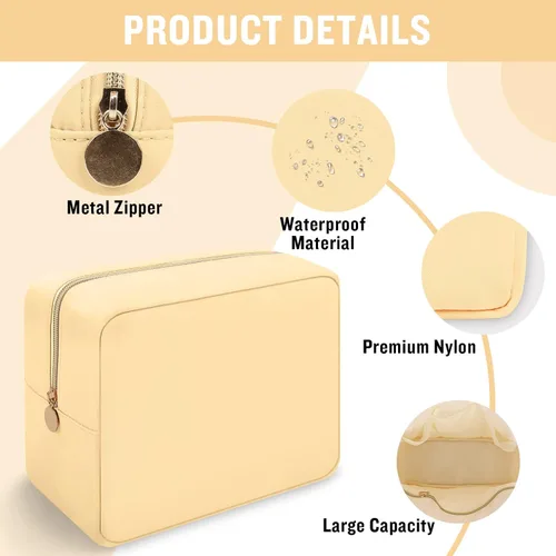 Vista 3 de Iqimott Bolsa Grande de Maquillaje de Nylon, Neceser de Viaje, Bolsa Grande de Cosméticos Preppy, Organizador de Maquillaje de Nylon, Bolsa de Beige
