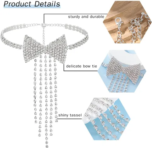 Vista 5 de ELABEST Collar con lazo de diamantes de imitación, gargantilla de borla brillante, pajarita, cadena de tenis, fiesta, discoteca, joyería para mujeres