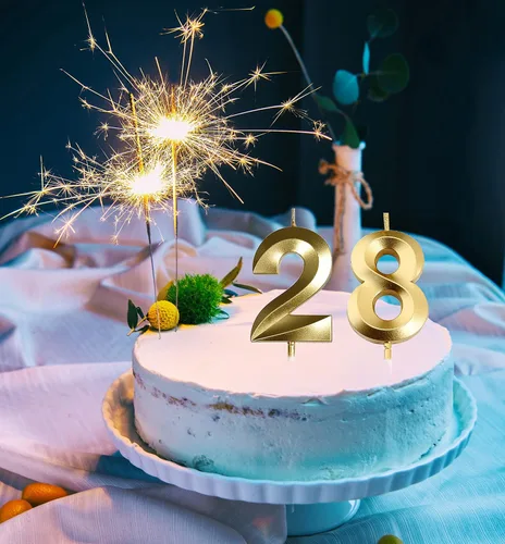 Vista 3 de Decoraciones de cumpleaños número 28 para mujeres y hombres, velas doradas