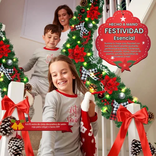 Vista 6 de DOIOWN Guirnalda de Navidad, guirnalda de Navidad preiluminada de 9 pies con luces, 100 luces LED de decoración de Navidad con bayas, lazos, piñas