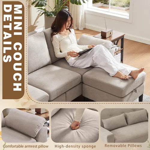 Vista 4 de Juego de sofá modular convertible de 79 pulgadas, moderno sofá pequeño en forma de L de lino con otomana reversible y sofá biplaza, sofás de 3 Beige