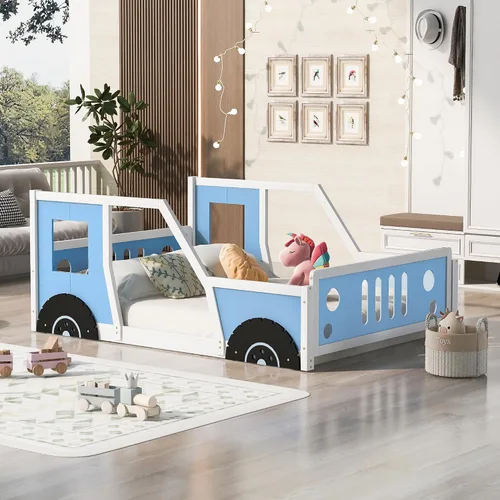 Vista 10 de Polibi Cama de plataforma, tamaño individual, cama clásica de madera en forma de automóvil con ruedas, cabecero, estribo, puertas, ventanas