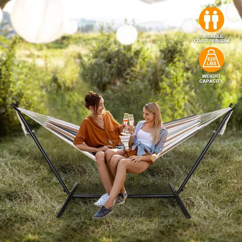 Vista 8 de SUPER DEAL Hamaca portátil para 2 personas con soporte de hamaca de 9 pies, capacidad de 620 libras, cama de hamaca ajustable con funda