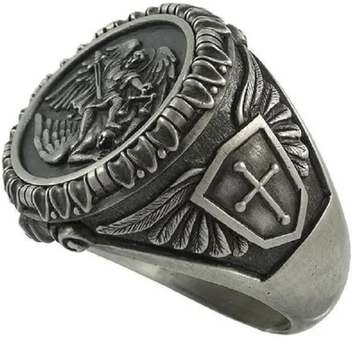 Vista 4 de Anillo de San Miguel para hombre, anillo vintage con escudo cruzado, anillo de alas de ángel vikingo, anillo de San Miguel Arcángel, anillo