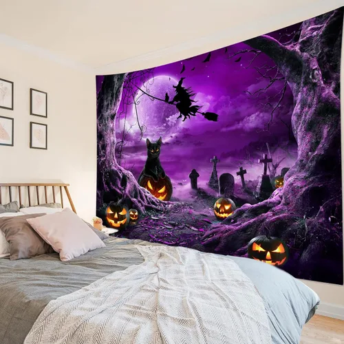 Vista 12 de LB Tapiz espeluznante de cementerio de Halloween, lápida aterradora con árboles muertos, tapiz de bosque para colgar en la pared, tapiz de fondo