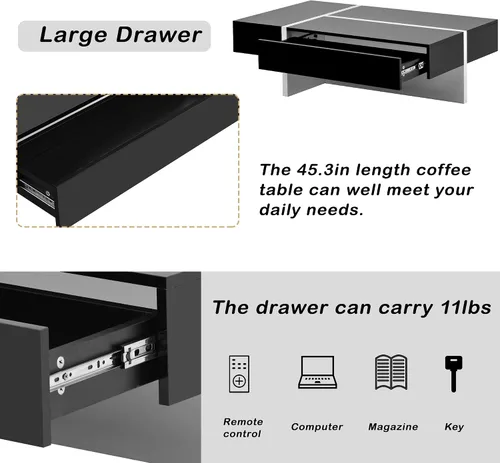 Vista 5 de Polibi Mesa auxiliar rectangular de 45 pulgadas de largo con cajón grande, mesa de cóctel moderna de superficie de alto brillo, mesa central