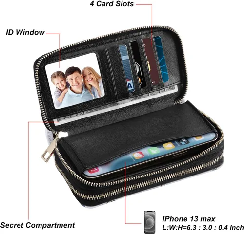Vista 6 de HAWEE Cartera con cremallera doble para mujer, bolso de mano con soporte para teléfono celular para teléfono inteligente, tarjeta, moneda, efectivo